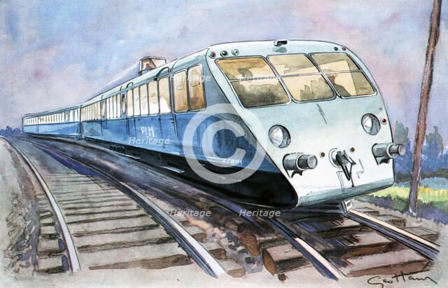 High-speed train, the solid and lightweight Bugatti PLM travelling to Vichy, drawing in L'Illustr…