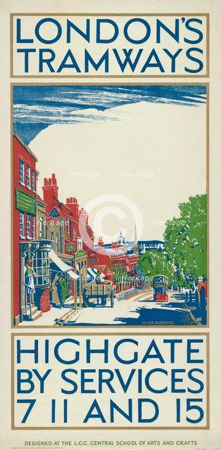 'Highgate by Services 7, 11 and 15', London County Council (LCC) Tramways poster, 1924. Artist: Oliver Burridge