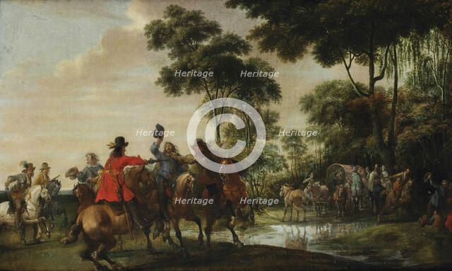 Highwaymen raiding a tilt car by a forest stream. Artist: Snayers, Pieter (1592-1667)