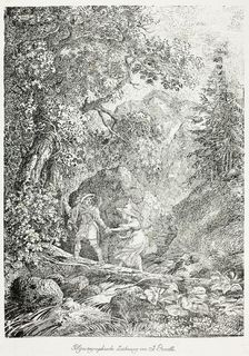 Hiker Crossing Over a Mountain Stream on a Tree Trunk with a Woman, 1804. Creator: Janus Genelli