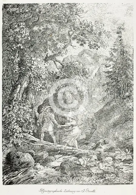 Hiker Crossing Over a Mountain Stream on a Tree Trunk with a Woman, 1804. Creator: Janus Genelli.