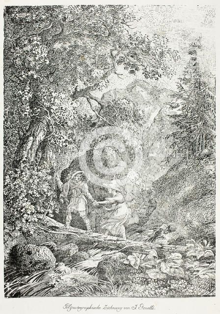 Hiker Crossing Over a Mountain Stream on a Tree Trunk with a Woman, 1804. Creator: Janus Genelli.