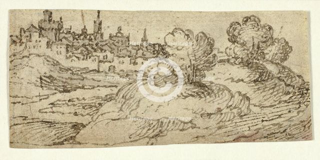 Hill Town with Trees in Foreground, n.d. Creator: Unknown.