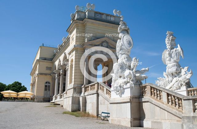 Hilltop triumphal arch and café overlooking the Palace of Schonbrunn, Vienna, Austria , 2022. Creator: Ethel Davies.