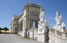 Hilltop triumphal arch and café overlooking the Palace of Schonbrunn, Vienna, Austria , 2022. Creator: Ethel Davies