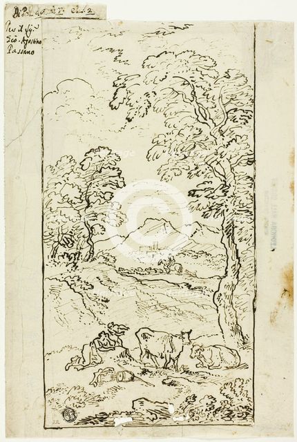 Hilly Landscape with Cows and Shepherds in Foreground, n.d. Creator: Carlo Antonio Tavella.