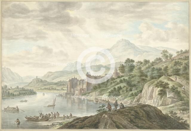 Hilly landscape with a castle on a river, 1795. Creator: Abraham Delfos.