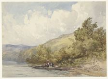Hilly landscape with a lake and a boat with two figures, 1822-1908. Creator: William Callow