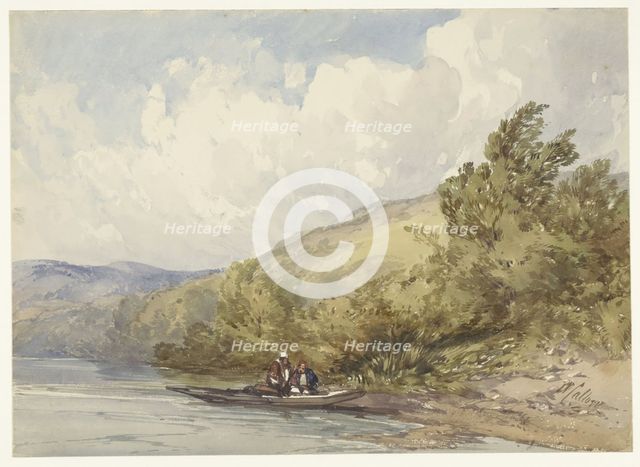 Hilly landscape with a lake and a boat with two figures, 1822-1908. Creator: William Callow.