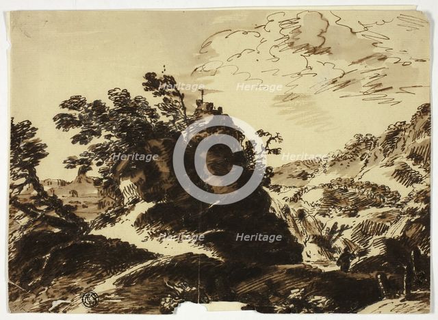 Hilly Landscape with Figure in Foreground, n.d. Creator: Unknown.