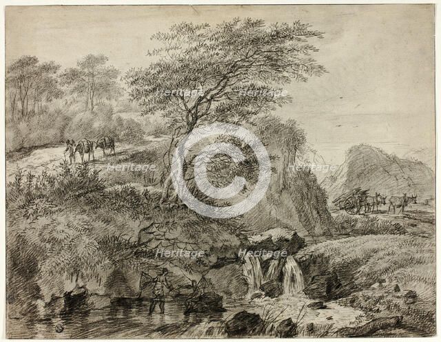 Hilly Landscape with Figures Beside Waterfall, 1785. Creator: Gerard van Nijmegen.