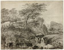 Hilly Landscape with Figures Beside Waterfall, 1785. Creator: Gerard van Nijmegen