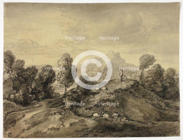 Hilly Landscape with Shepherd and Flock, n.d. Creator: Unknown.