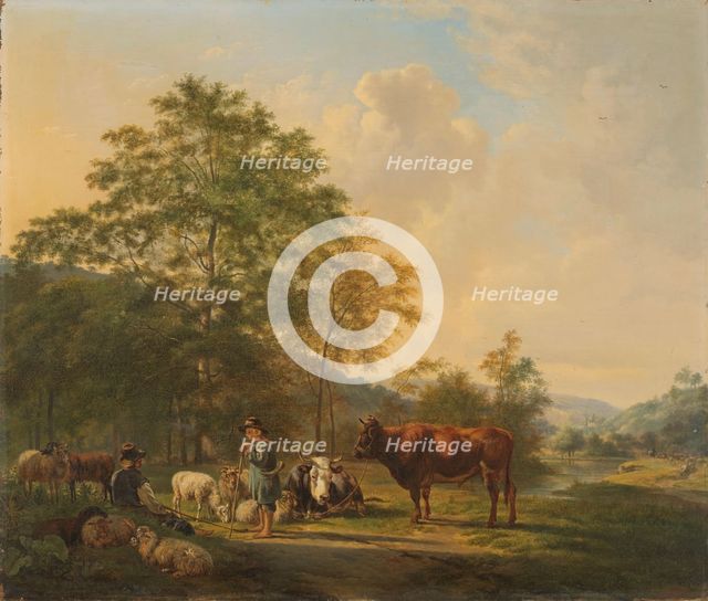 Hilly Landscape with Shepherd, Drover and Cattle, 1815-1839. Creator: Pieter Gerardus van Os.