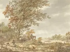 Hilly landscape with swineherd, a river in the distance, 1791. Creator: Jacob Cats