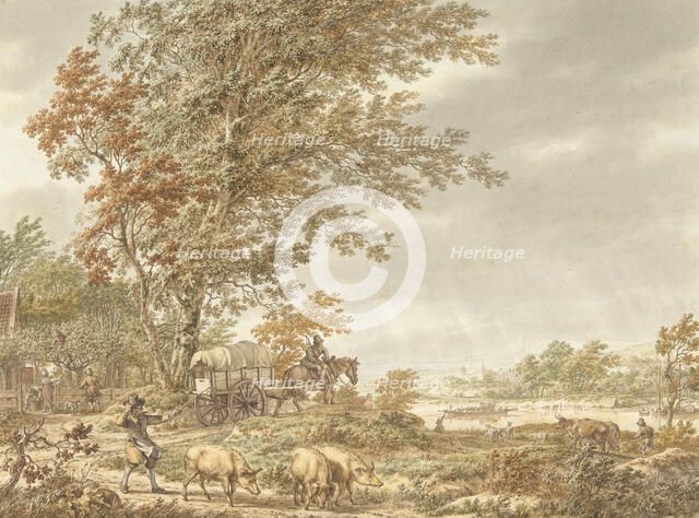 Hilly landscape with swineherd, a river in the distance, 1791. Creator: Jacob Cats.