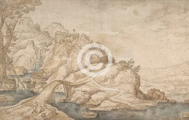 Hilly Landscape with River, Bridge and Houses with Two Figures at Left, late 16th-mid 17th century. Creator: Attributed to Joos de Momper the Younger.