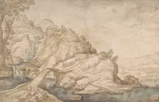 Hilly Landscape with River, Bridge and Houses with Two Figures at Left, late 16th-mid 17th century. Creator: Attributed to Joos de Momper the Younger