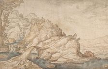 Hilly Landscape with River, Bridge and Houses with Two Figures at Left, late 16th-mid 17th century. Creator: Attributed to Joos de Momper the Younger