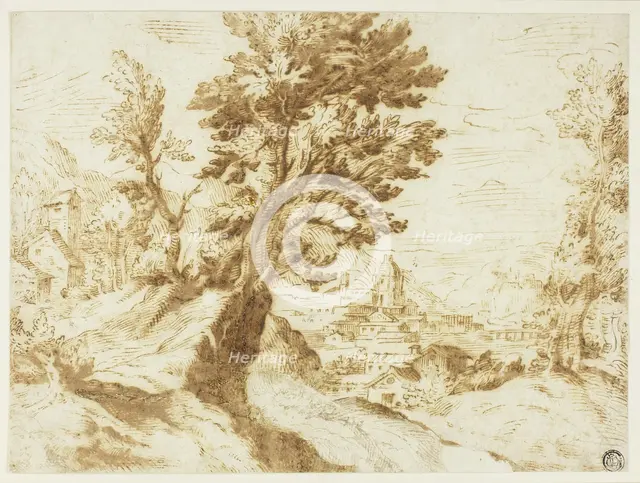 Hilly Landscape with Town in Distance, n.d. Creator: Unknown.