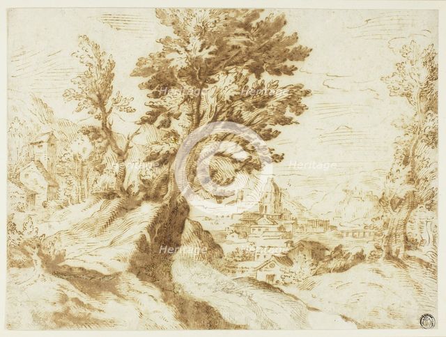 Hilly Landscape with Town in Distance, n.d. Creator: Unknown.