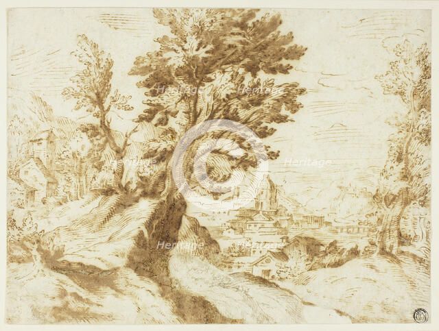 Hilly Landscape with Town in Distance, n.d. Creator: Unknown.