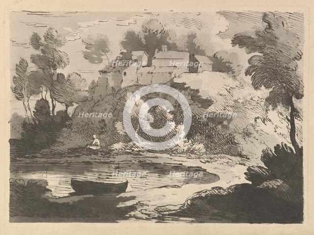 Hilly River Landscape, a Boat in the Water at Foreground Left, a Figure on the Far Shor..., 1783-84. Creator: Thomas Rowlandson.
