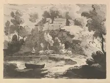 Hilly River Landscape, a Boat in the Water at Foreground Left, a Figure on the Far Shor..., 1783-84. Creator: Thomas Rowlandson