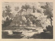 Hilly River Landscape, a Boat in the Water at Foreground Left, a Figure on the Far Shor..., 1783-84. Creator: Thomas Rowlandson