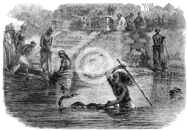 Hindoo bathers in the River Jumna surprised by a snake, 1864. Creator: J. A. B..