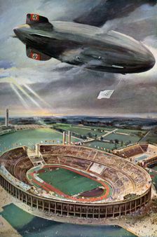 Hindenburg zeppelin above the Olympic Stadium, Berlin, 1936