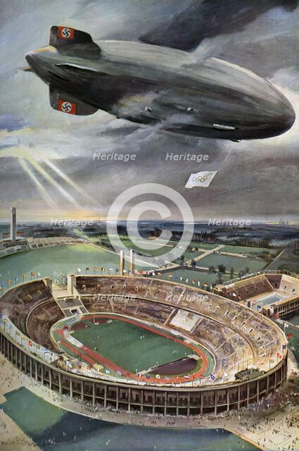 'Hindenburg' zeppelin above the Olympic Stadium, Berlin, 1936. Artist: Unknown