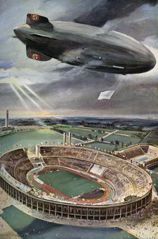 Hindenburg zeppelin above the Olympic Stadium, Berlin, 1936
