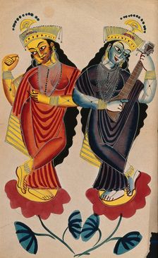 Hindu goddesses Lakshami and Saraswati playing castanets and a tambura. Creator: Unknown