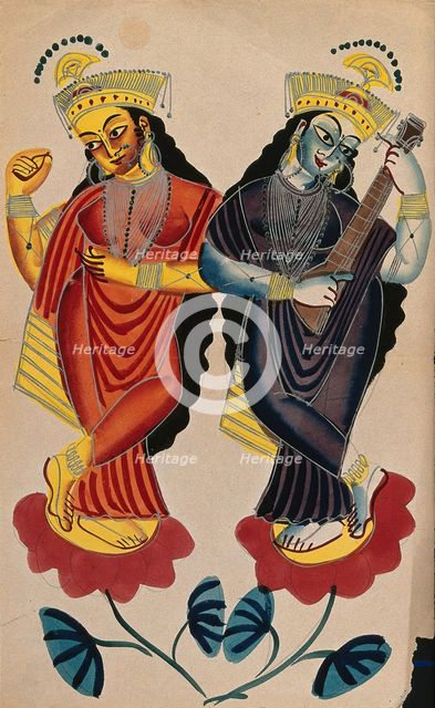 Hindu goddesses Lakshami and Saraswati playing castanets and a tambura. Creator: Unknown.