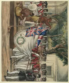 Hindu priest garlanding the flags of the 35th Bengal Light Infantry, c1847. Creator: Unknown