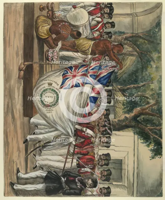 Hindu priest garlanding the flags of the 35th Bengal Light Infantry, c1847.  Creator: Unknown.
