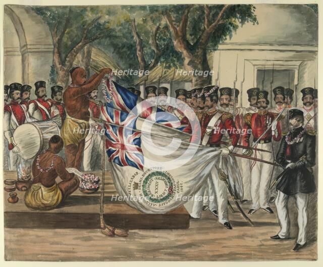 Hindu priest garlanding the flags of the 35th Bengal Light Infantry, c1847.  Creator: Unknown.