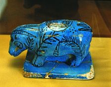Hippo, blue glazed ceramic figurine, side view