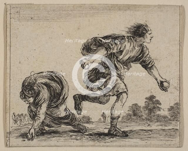 Hippomenes and Atalanta, from 'Game of Mythology' (Jeu de la Mythologie), 1644. Creator: Stefano della Bella.