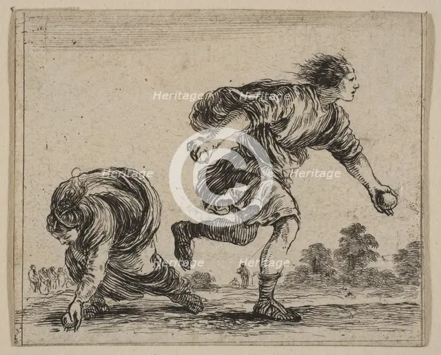 Hippomenes and Atalanta, from 'Game of Mythology' (Jeu de la Mythologie), 1644. Creator: Stefano della Bella.