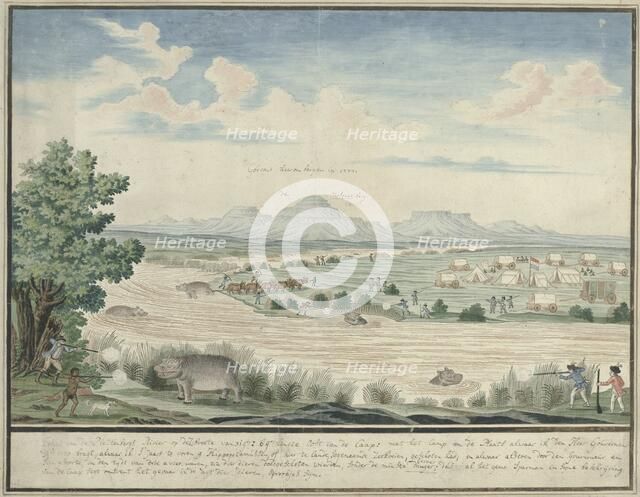 Hippopotamus hunt at the Seekoei River, 1778. Creator: Robert Jacob Gordon.