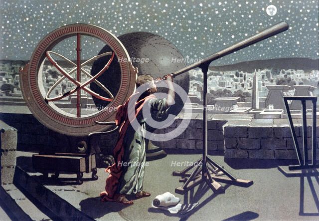 Hipparchus, Greek astronomer studying the stars at the observatory of Alexandria, lithograph, 1865.