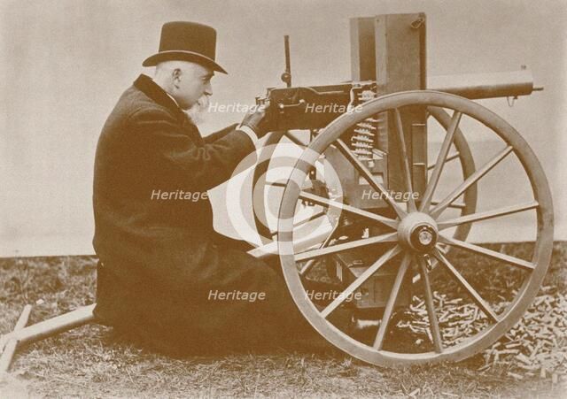 Hiram Maxim (1840-1916) presents the first automatic machine gun, 1884. Creator: Anonymous.
