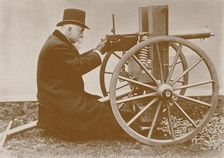 Hiram Maxim (1840-1916) presents the first automatic machine gun, 1884. Creator: Anonymous