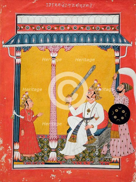 Hiranyakasipu About to Decapitate Prahlada, Folio from a Bhagavata Purana..., c1725. Creator: Unknown.