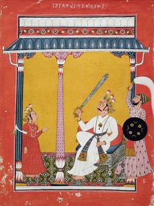 Hiranyakasipu About to Decapitate Prahlada, Folio from a Bhagavata Purana..., c1725. Creator: Unknown