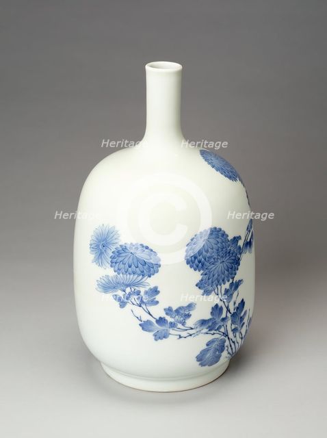 Hirado Ware Sake Bottle with Design of Chrysanthemums, 19th century. Creator: Unknown.