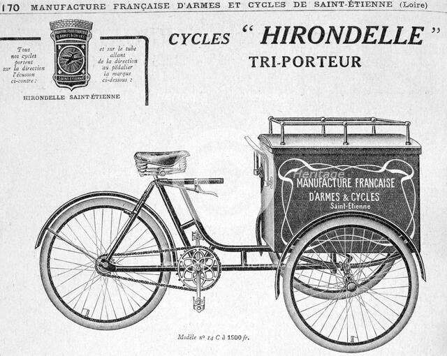 Hirondelle Saint Etienne delivery tricycle advertisement, 20th century. Artist: Unknown