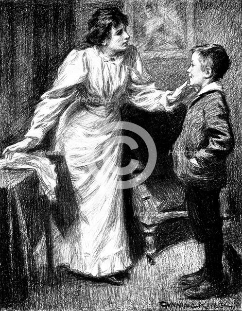 His Cheap Bravo: "Don't tell me," said his sister...that anything's 'appened to him"..., 1898. Creator: Unknown.
